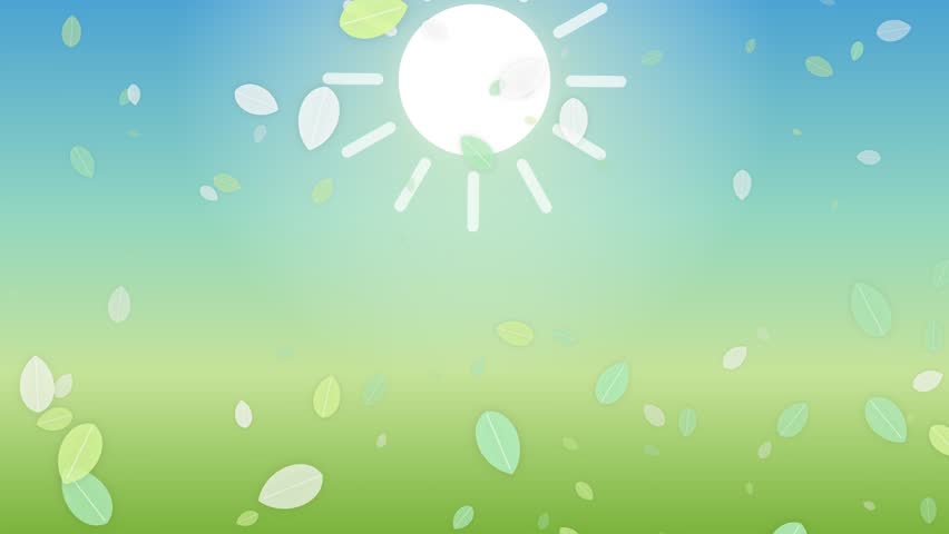 Vibrant spring landscape with a radiant white sun, blue sky, and lush green grass. A gentle breeze blows falling leaves across this seamless motion graphic loop for eco designs.