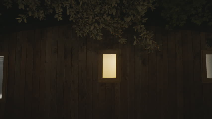 A slow camera push in towards a warm, illuminated window on the side of a rustic wooden building or cabin at night, with tree branches hanging above