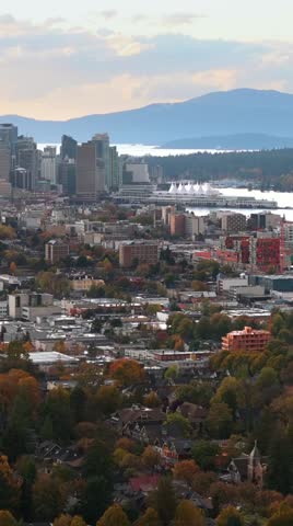 Aerial view of Port of Vancouver, harbour and mountains on the background