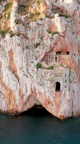 Aerial view of the historic mining port of Porto Flavia, Sardinia in Italy.