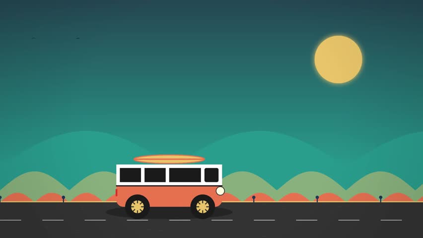 A stylized orange camper bus with a surfboard on top drives along a road against a backdrop of teal hills and a large yellow sun in a clean flat design animation.