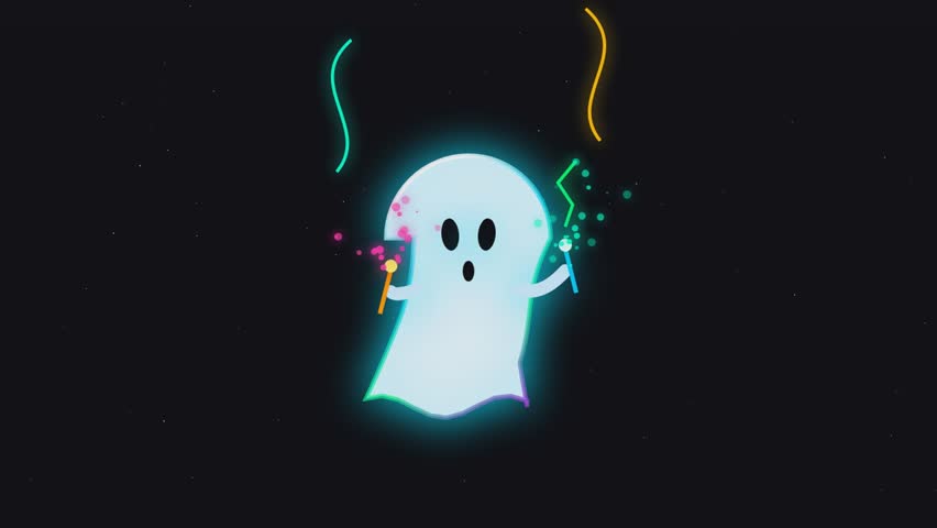 Cute cartoon ghost character dancing with magic wands motion animation video loop
