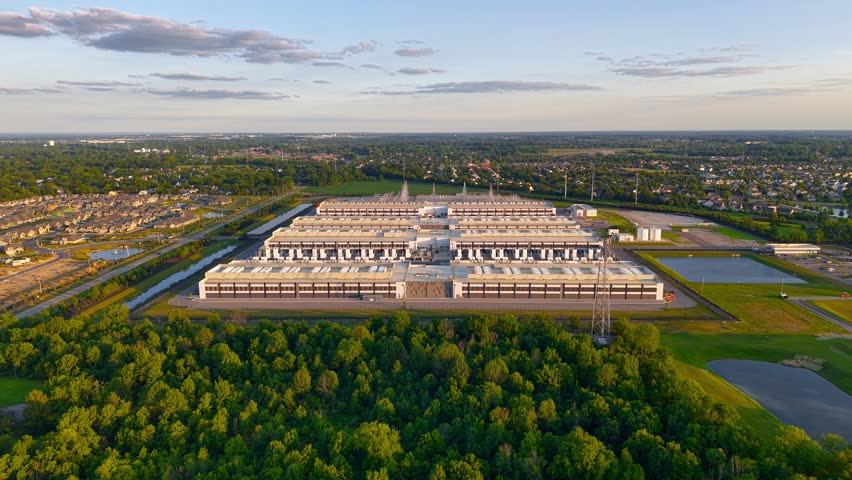 Aerial perspective of a modern, large scale data center campus surrounded by lush green landscape.