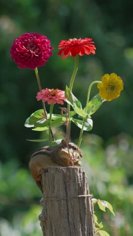 Vertical slow-motion clip of an Eastern Chipmunk (Tamias striatus) sitting atop a wooden fence post beneath vibrant Zinnia flowers, holding food in its paws and stuffing its cheek pouches.