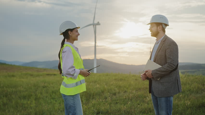 Two engineers shake hands near wind turbines at sunset. Their collaboration highlights renewable energy development, clean electricity, and sustainable innovation for future industry growth