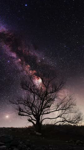Dry tree silhouette against the colorful bright milky way galaxy. Night landscape.