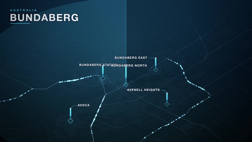 Map of Bundaberg, Australia, in a tilted isometric view, glowing district towers rising from the street plane above a hazy horizon over districts including Bundaberg North, Avenell Heights, Avoca, Bundaberg East, animated city navigation background, seamless loop animation.