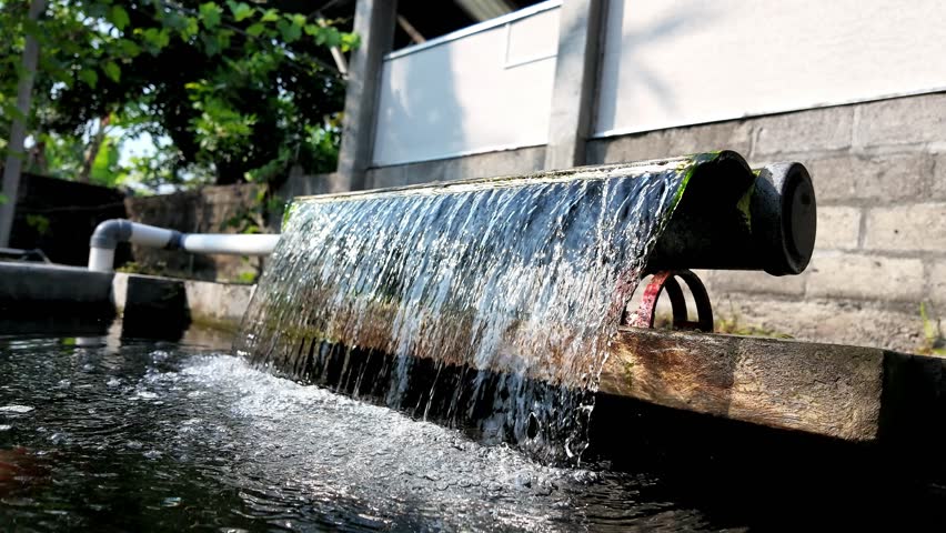 Close-up of crystal clear water flowing in slow motion from a DIY PVC pipe waterfall feature into a fish pond, creating beautiful splashes and ripples.