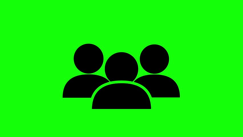 User group icon animation on green screen background. Minimalist black group of three people icons centered on a vibrant green chroma key background. Ideal for video editors needing a simple social or team graphic for digital projects.