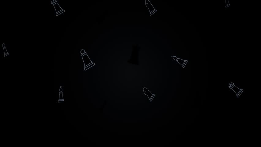 Abstract floating white chess piece outlines on black background. Minimalist animation featuring glowing white outline icons of chess pieces drifting across a dark black space. Clean and professional. Ideal for strategy or business presentations.
