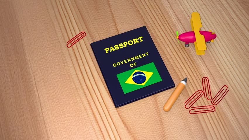Brazil Rejected visa passport document on wooden desk, travel permit with red stamp, international vacation documentation with toy airplane and stationery