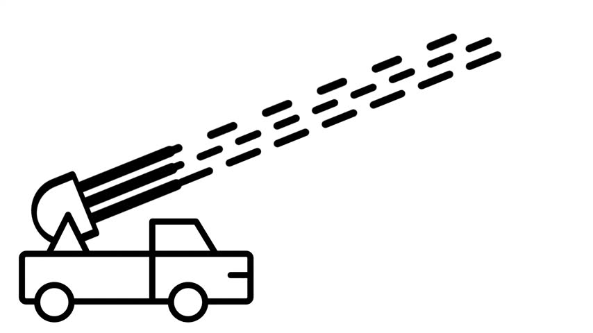 This icon illustrates a military rocket launcher vehicle firing missiles representing defense artillery systems and military equipment