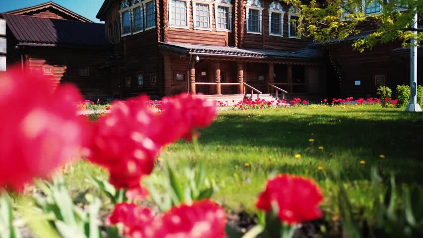 Wooden royal palace in a summer landscape — exquisitely carved mansion
