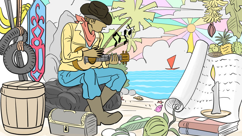 Animated vector of a musician playing guitar on a tropical beach at sunset surrounded by island elements