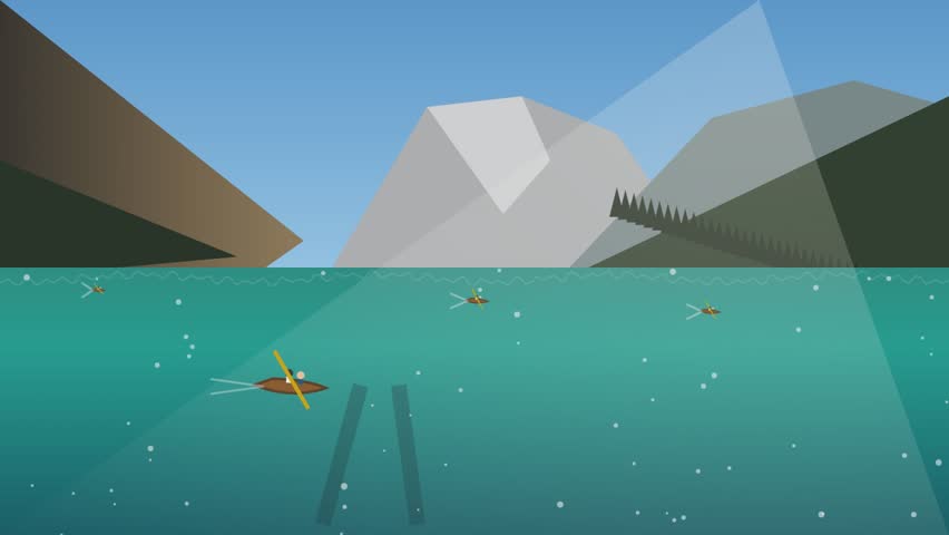 A decorative vector illustration showing a boat on a lake under soft light beams with mountains in the background