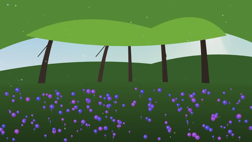 A flat vector illustration of trees lined up in a grassy meadow covered with small purple circular flowers against