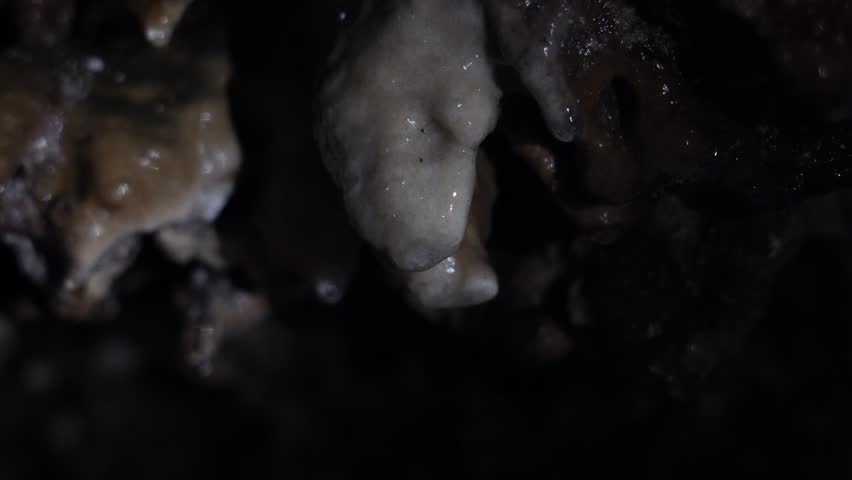 Water Dripping onto Stalagmite Inside Limestone Cave