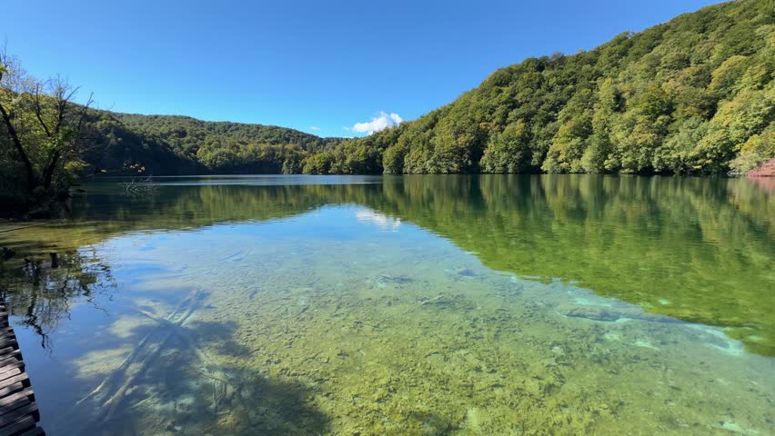 Plitvice Lakes National Park, Croatia. Serene lake view with lush green reeds reflecting in calm water, surrounded by forested hills under clear blue sky
