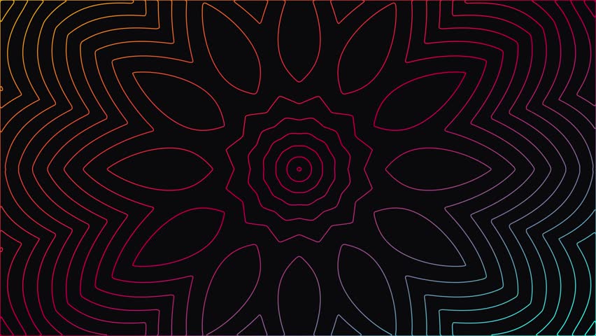 Symmetrical abstract topographic mandala pattern featuring glowing neon gradient lines radiating on a dark background