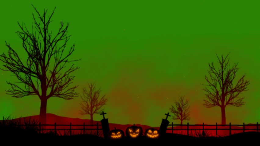 Spooky Halloween Night Silhouette with Pumpkins and Bats on Green Sky