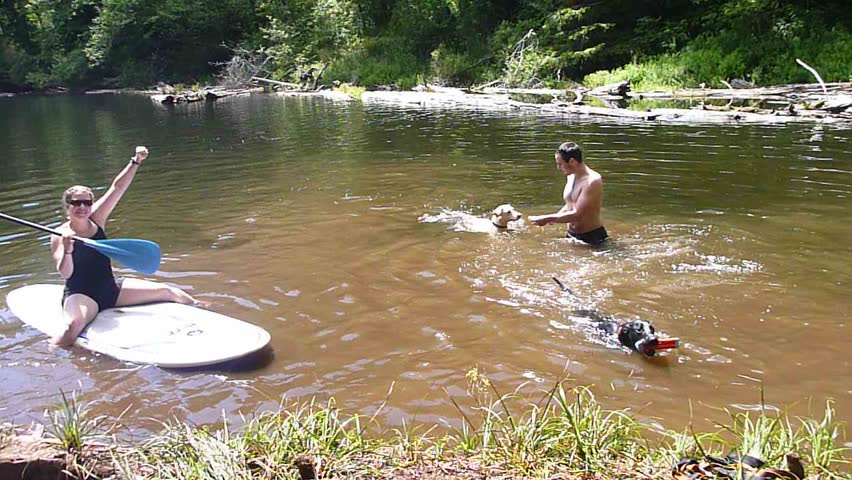 Man and woman couple teach their black lab how to swim in Oregon lake.