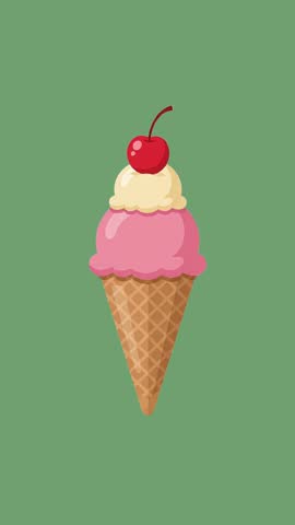 This flat vector illustration depicts a delicious dual-scoop ice cream cone with a cherry topping, presented in a minimalist studio environment.