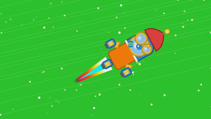 Cute cartoon robot flying like a rocket through green space with a colorful flame trail and bright stars in a fun and playful digital vector illustration for kids and education