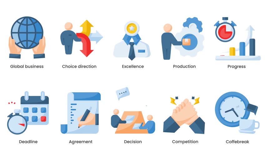 Animated Flat Vector Icon Pack Featuring Global Tech Corporate and Financial Icons 2D Animation
