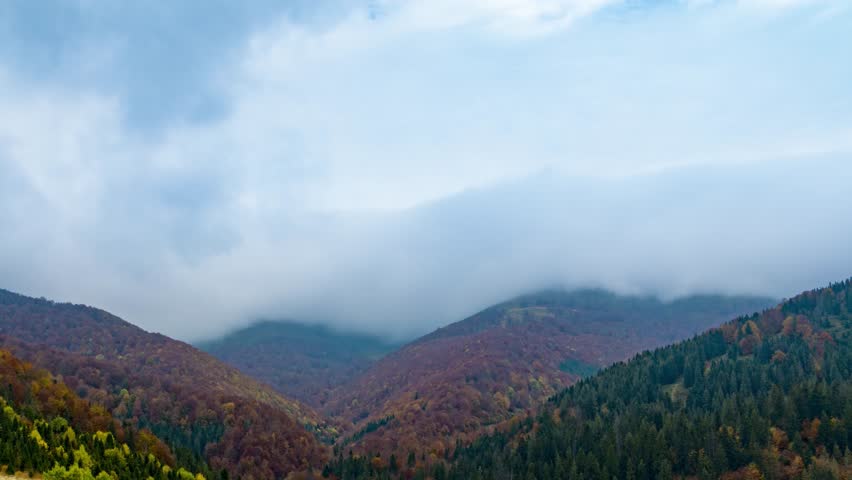 Highland with forestry hills and meadow under heavy clouds