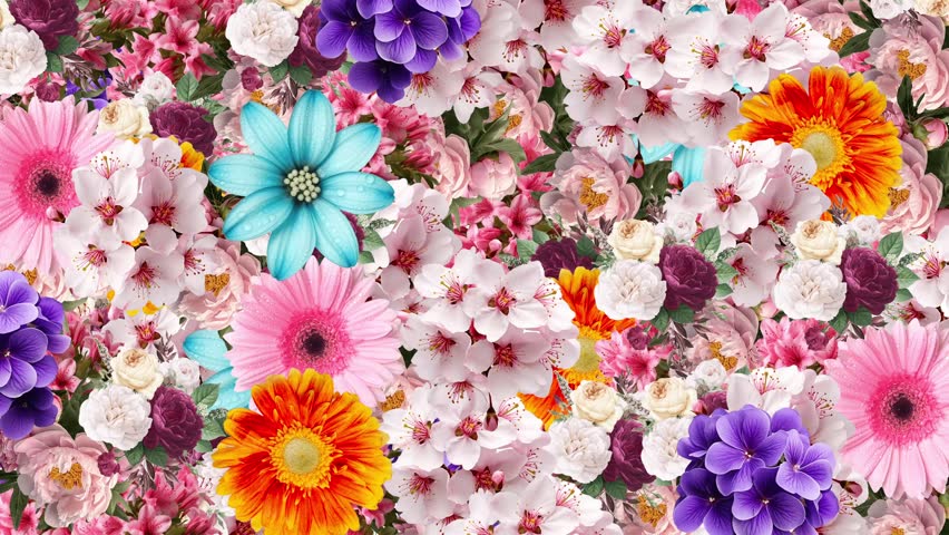 A vibrant, colorful floral background featuring diverse blooming flowers.