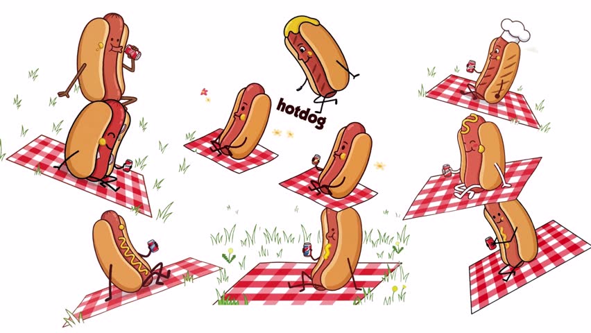 Set of cute cartoon hot dog characters enjoying a summer picnic.