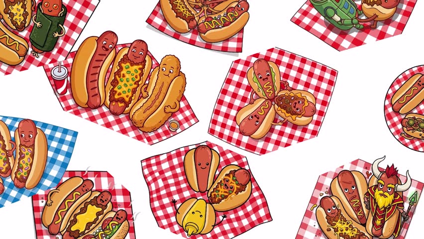 Seamless pattern of cute cartoon hot dog characters on picnic napkins.
