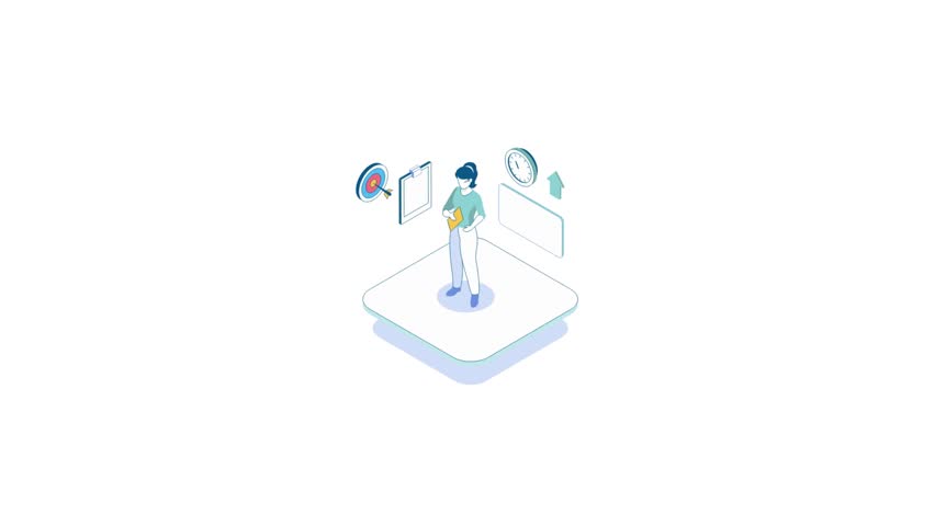 High-quality isometric 2D animation featuring a professional woman standing on a floating platform, interacting with project management icons like a checklist, target, and clock. This clean, minimalist video on a white background symbolizes efficiency, workflow optimization, and strategic business planning, ideal for SaaS landing pages and corporate presentations.