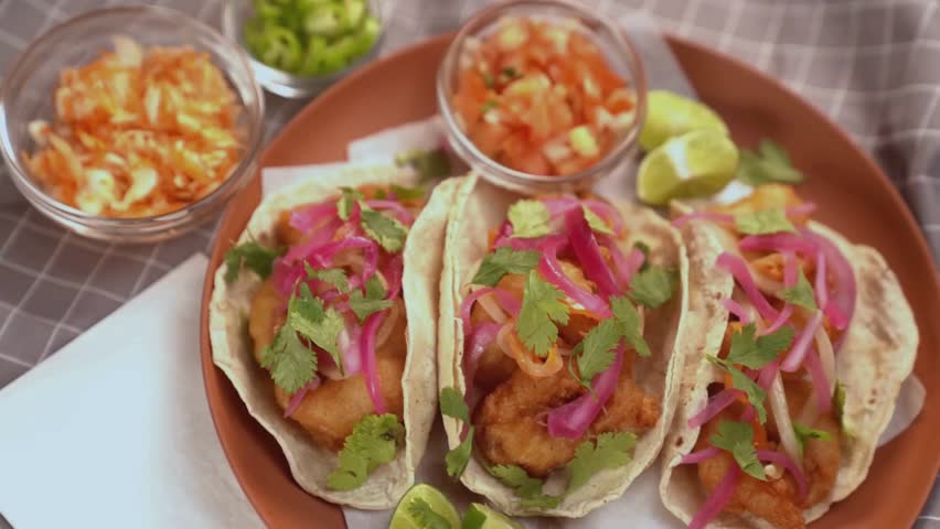 Fresh Mexican tacos with colorful toppings, lettuce, cheese, and lime served on a plate. Not AI Generated. Studio Render.