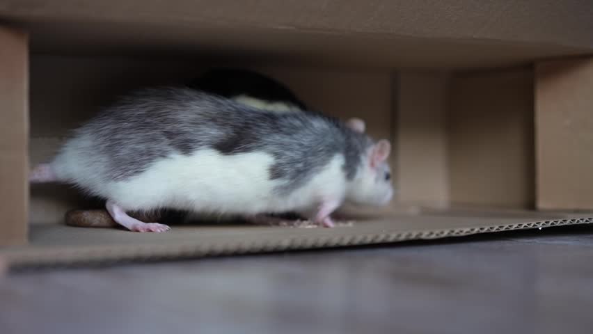 Two domestic rats eating food inside a cardboard on the floor indoors. Rats, feeding, cardboard