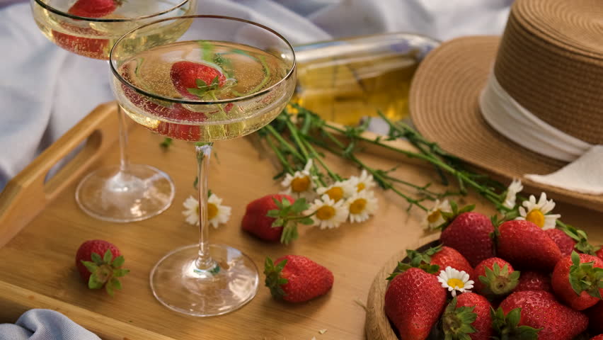 Picnic with strawberries and wine. Selective focus.
