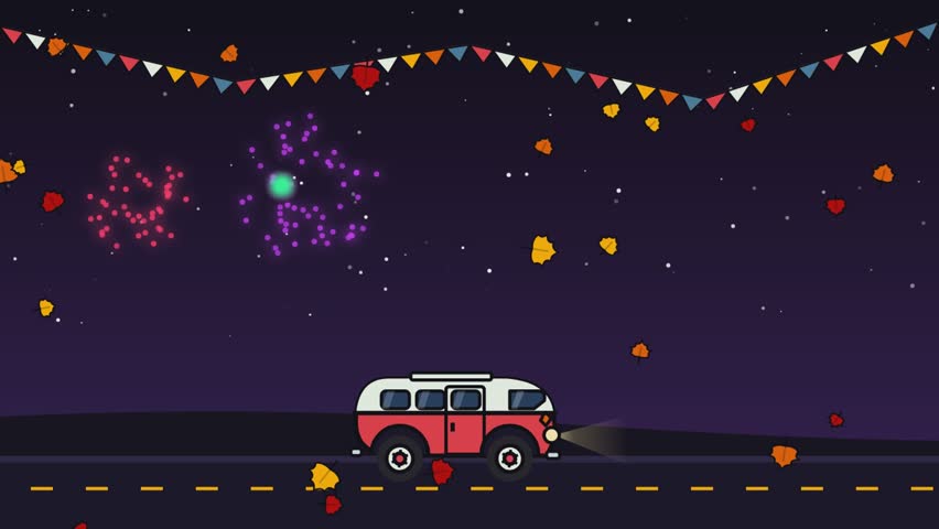 Seamless motion graphic loop featuring a vintage retro camper van parked in a cozy autumn forest with falling golden leaves during a seasonal fall festival video