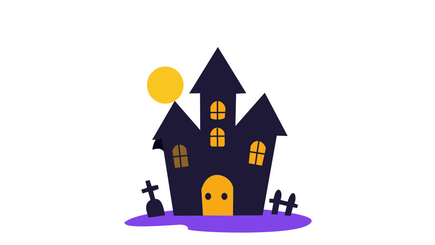 Animated cute Halloween haunted castle with full yellow moon flying bat and cemetery vector motion graphics