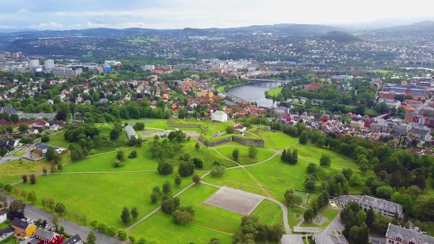 Trondheim city aerial panoramic view. Trondheim is the third most populous municipality in Norway.