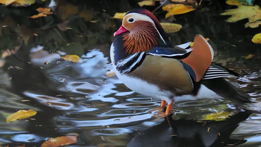 Mandarin duck preening feathers in autumn pond water background