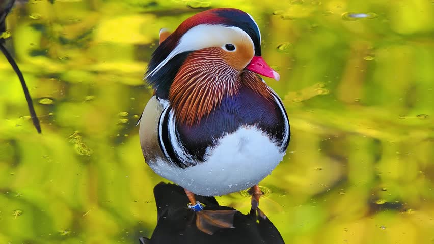 Mandarin duck with reflecting autumn forest background in water