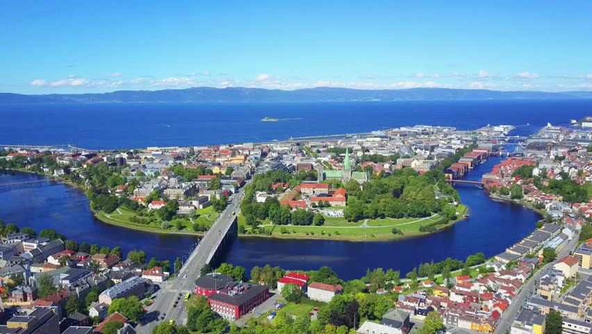 Nidelva river and Trondheim city aerial panoramic view. Trondheim is the third most populous municipality in Norway.