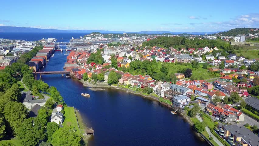 Nidelva river and Trondheim city aerial panoramic view. Trondheim is the third most populous municipality in Norway.