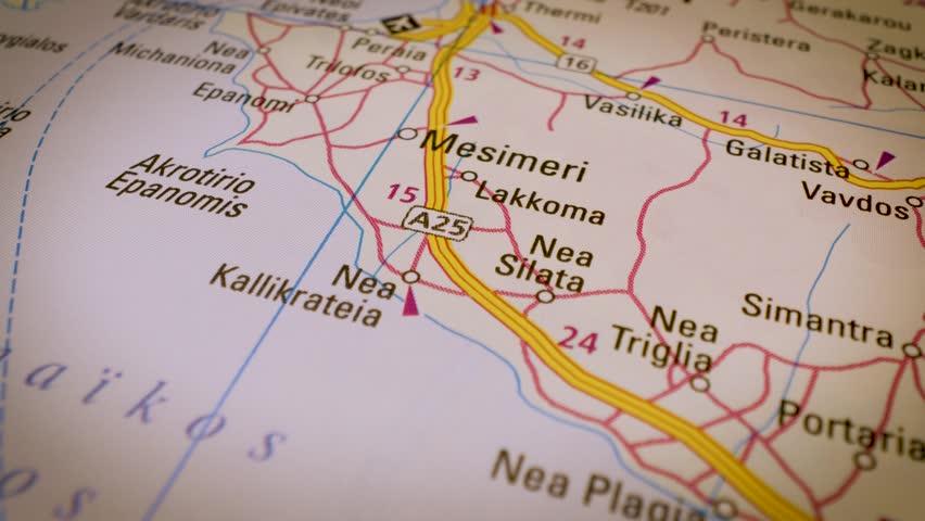 road network to thessaloniki, greece, gliding macro view over atlas map