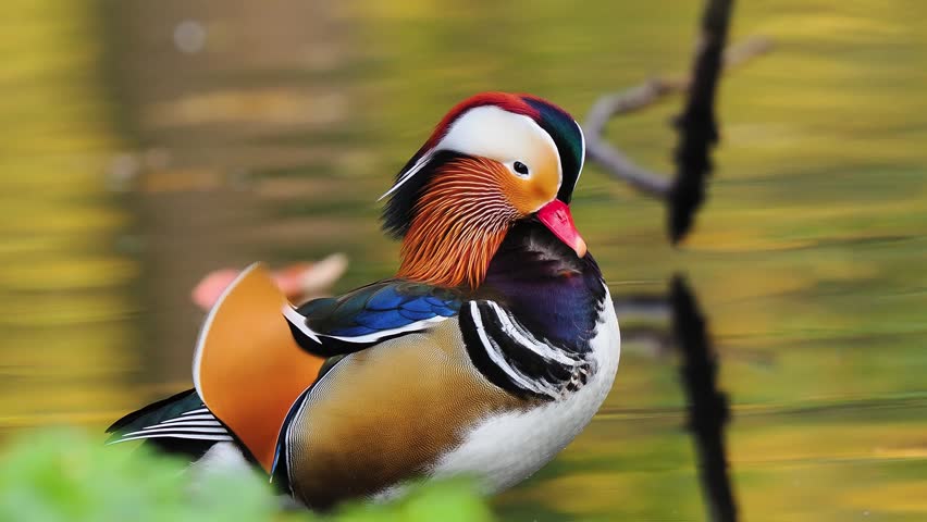 Mandarin duck preening feathers with authentic natural sound background