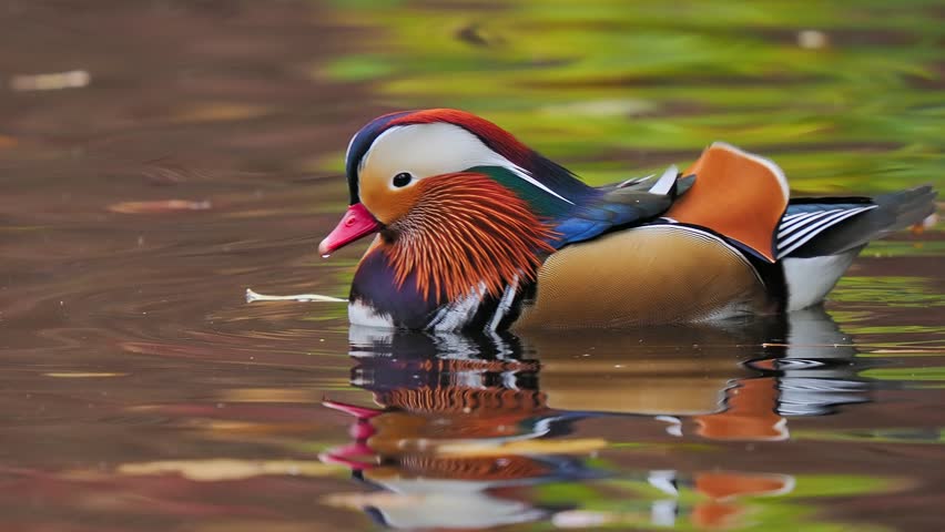 Male mandarin duck swimming in pond with colorful autumn reflection