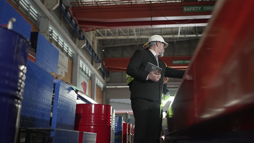 A businessman walks alongside factory workers past storage barrels inside a metal sheet manufacturing warehouse.