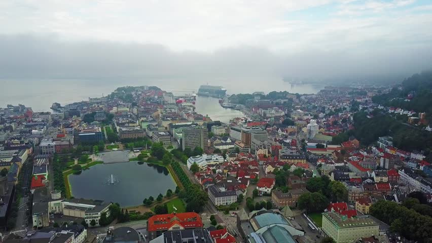 Lille Lungegardsvannet or Smalungeren aerial view, a small lake in the centre of Bergen city in Hordaland county, Norway
