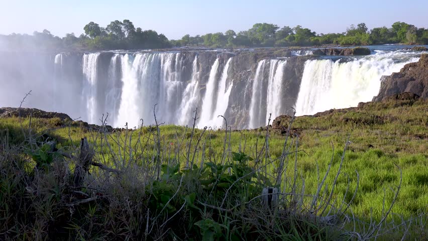 Breathtaking scenic view capturing powerful Victoria Falls waterfalls flowing over massive rocky landscape with lush green grass in foreground under bright blue sky at daytime.