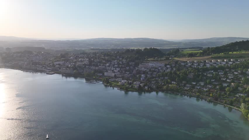 Aerial drone view of Lake Lucerne, the city of Lucerne and the surrounding Swiss Alps in Central Switzerland
